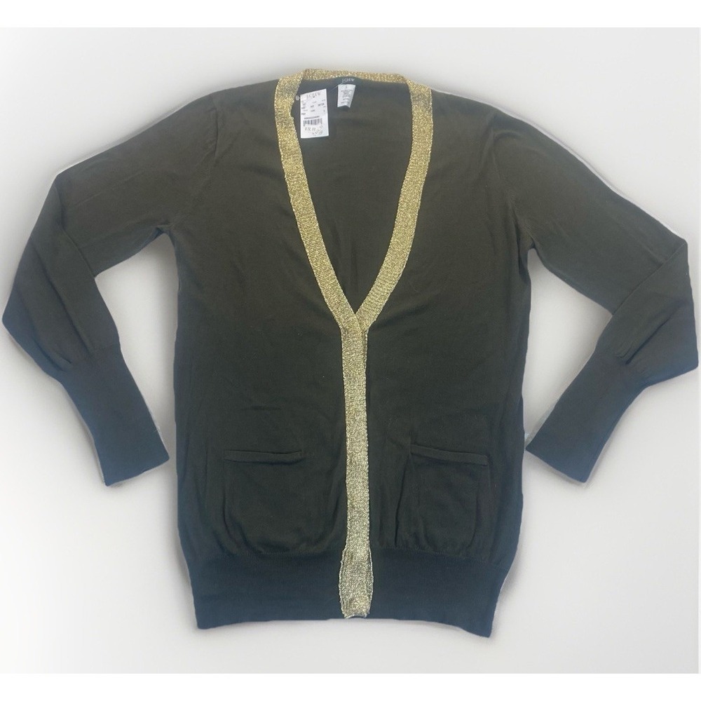 J. Crew Cardigan‎ Sweater Women's M Olive Metallic Gold Trim Cotton Wool